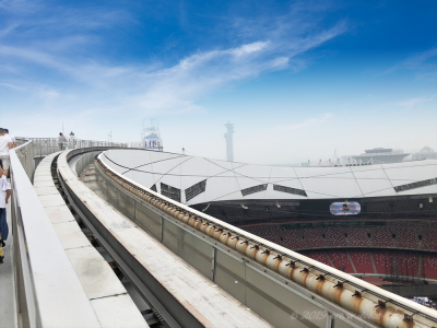 北京、オリンピック公園、鳥の巣の屋根の上からの風景