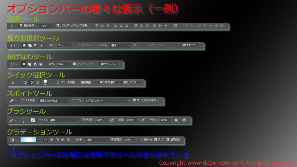 Photoshopのオプションバーの例