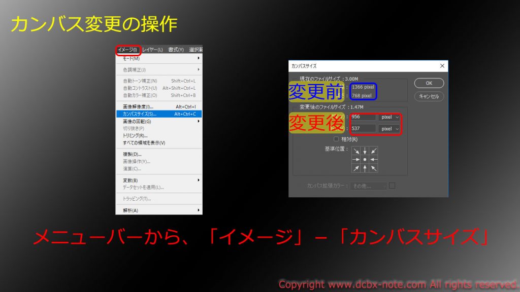 Photoshop、カンバス変更操作の説明画像